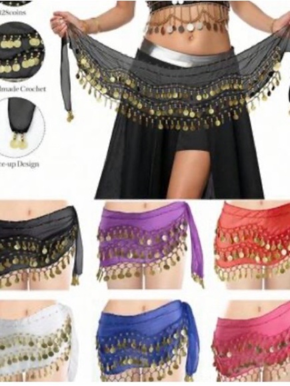 Gold-Trim Belly Dance Hip Scarf Lot of 3